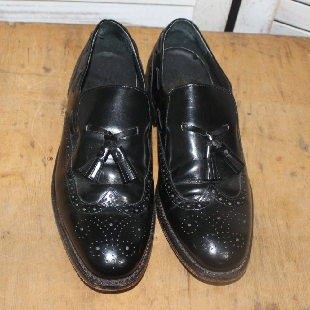 Oakton Tassel Loafers Men's 8D Black Leather Dress Shoes Wingtip Fringe Slip-On